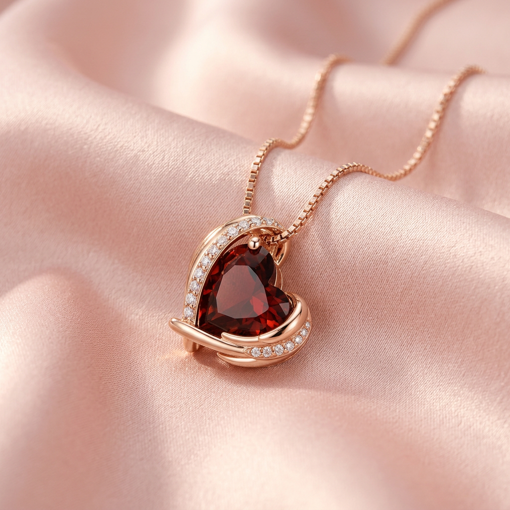 Collar corazón oro rosa con piedra roja - detalle